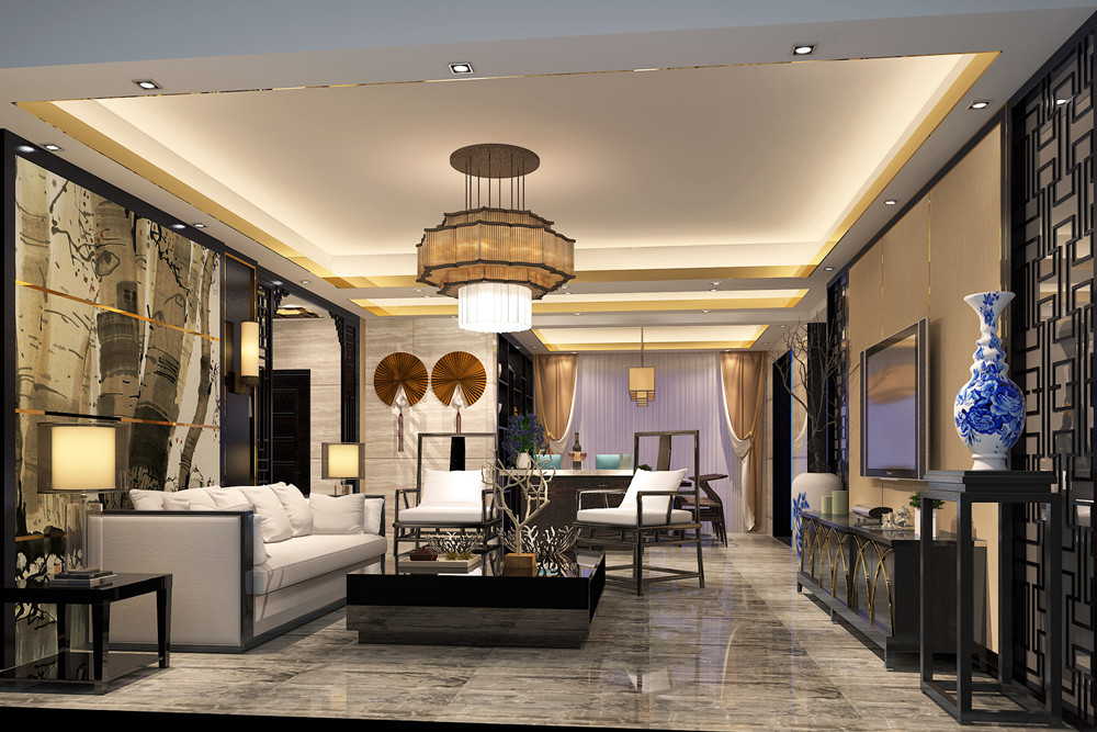 惠州101-200平米新中式風格榮泰河庭室內設計效果圖